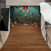 Lofaris Winter Christmas Fair Sweep Photo Backdrop Gold Ferris Wheel with Gifts and Trees Holiday Carnival Prop